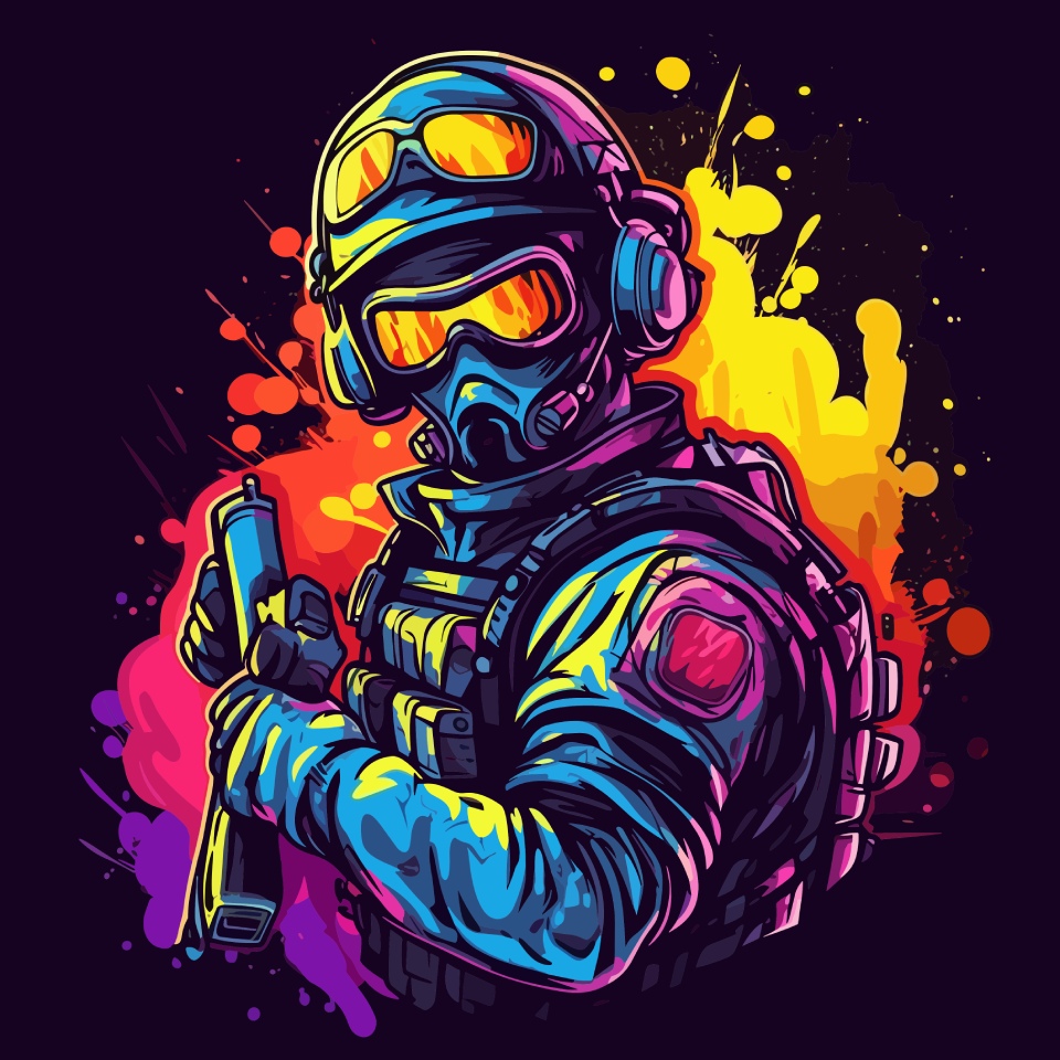 Dibujo en colores brillantes de un jugador de airsoft